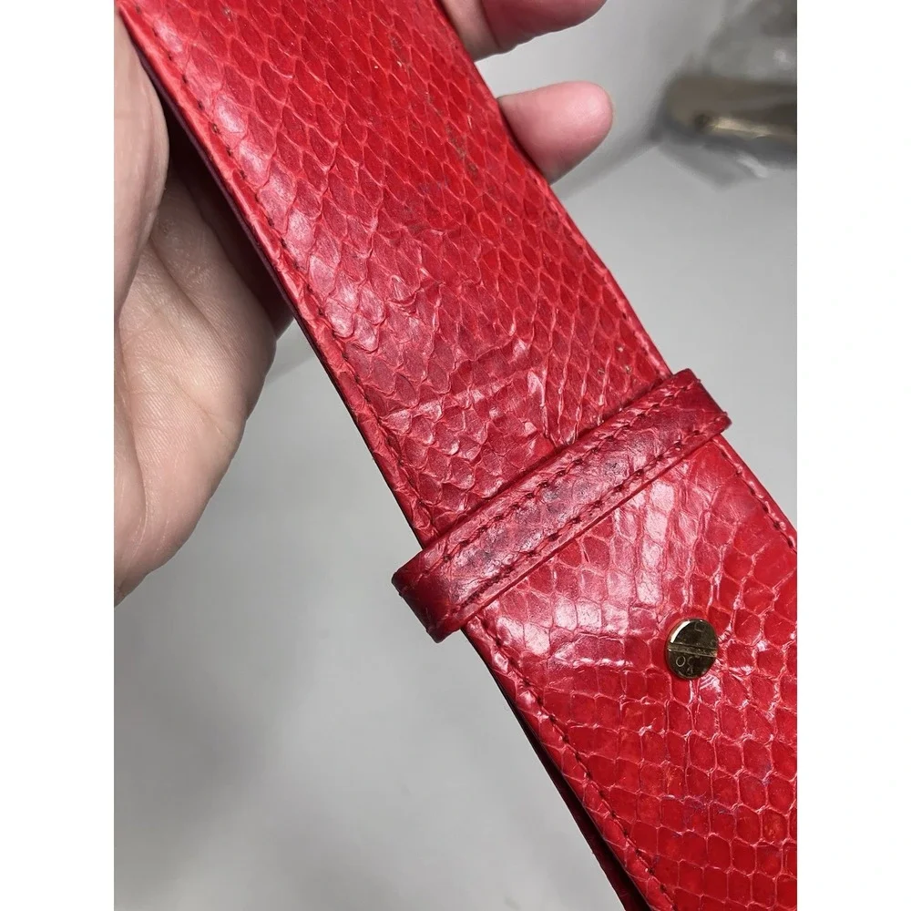 Vintage Snakeskin Belt Red Ornate Etched Gold Tone Interlocking Hook Buckle